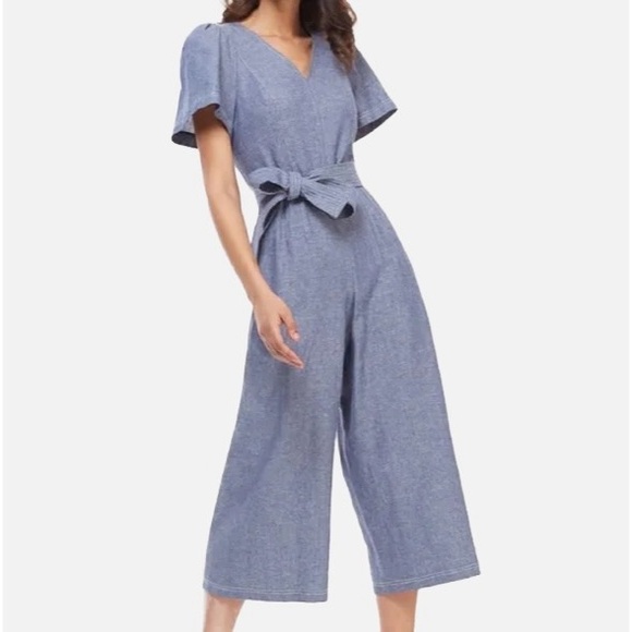 Gal Meets Glam Cropped Lined Blend Blue Jumpsuit with Belted Waist - Picture 1 of 5